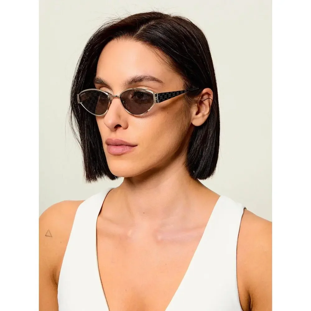 New Gucci GG1853S 002 Silver Cat-Eye Sunglasses with Monogram Temples Authentic